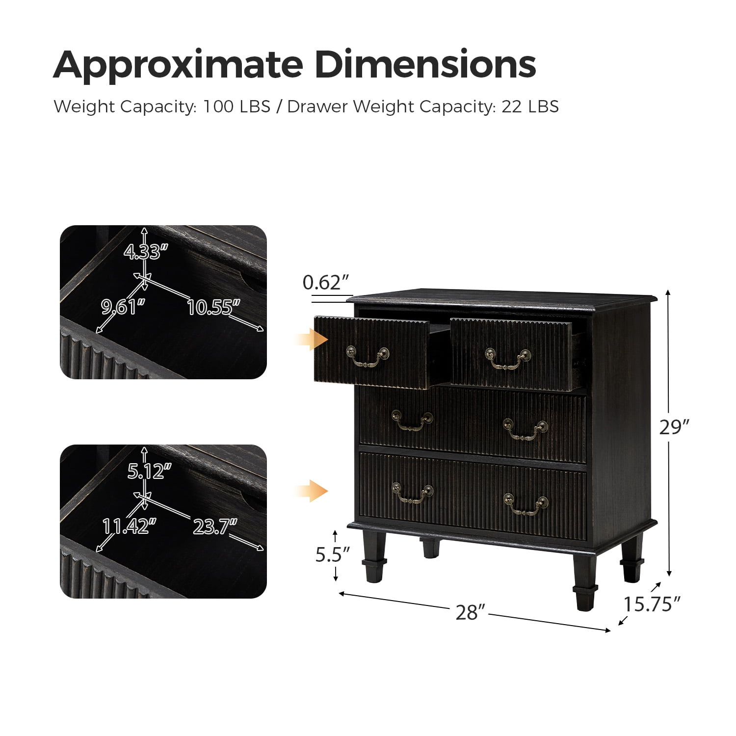 Tina's Home Transitional Set of 2 Solid Wood End Tables with Vertical Striped Design, Built-in Charging Station - 4 Charcoal Drawers