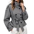 thumbnail image 2 of DPTALR Women's Gingham Stand Collar Double Breasted Belted Short Jacket Coat with Pockets,Size S-2XL, 2 of 9