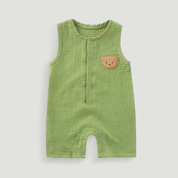 Ropa de bebé sin mangas corta con bordado de oso de escalada, mono transpirable de gasa que absorbe el sudor, gasa de doble capa, botón oculto, algodón para niños hayi