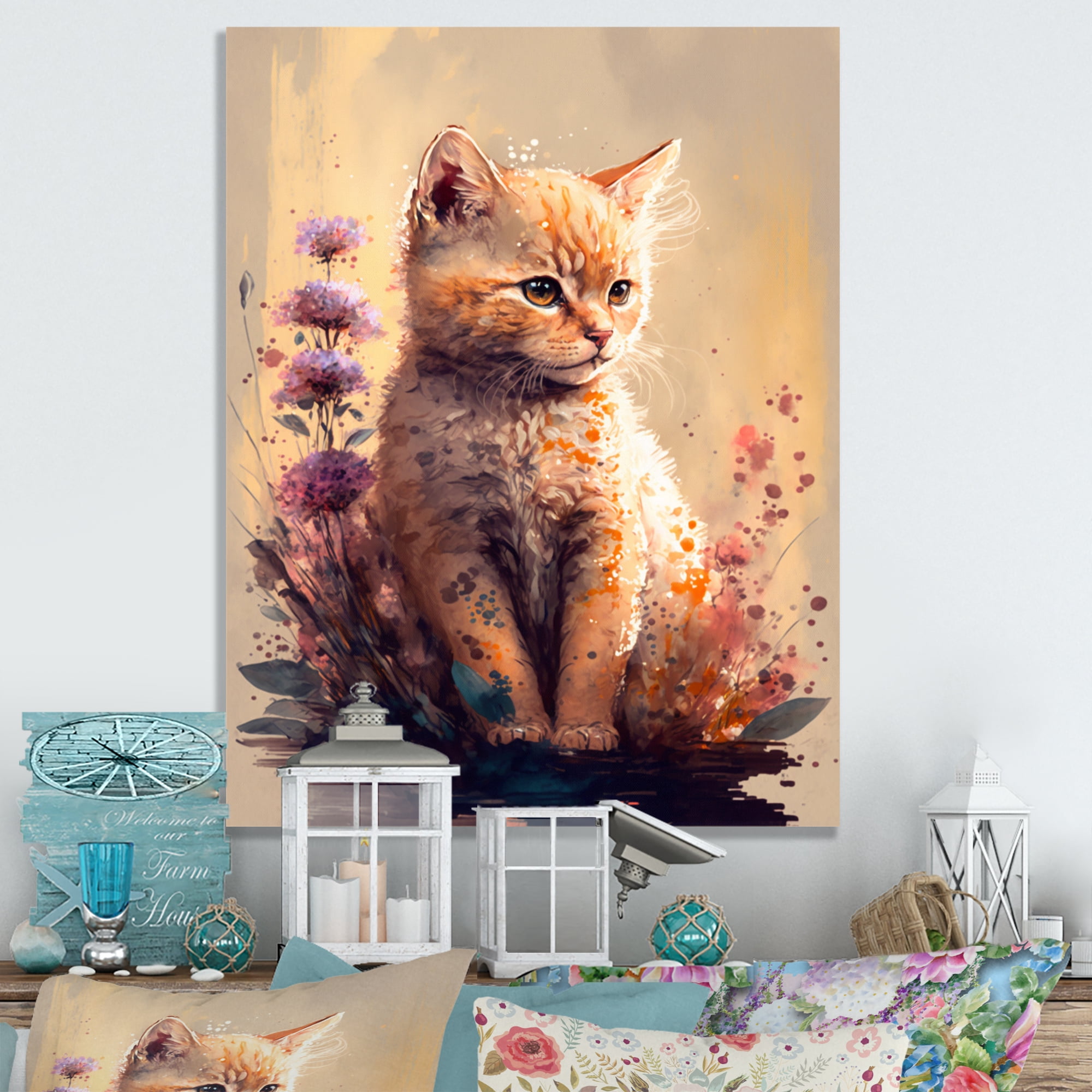 Designart Cute Cat Floral Art I Canvas Wall Art