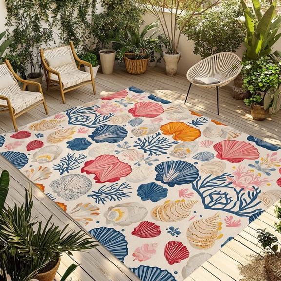 Shell Coastal Outdoor Rug 5x8 Ft - Reversible Patio Rug Outdoor Camping Rugs, Ocean Summer Beach Nautical Coral Washable Indoor Outdoor Area Rugs, Non-Slip Outdoor Carpet Runner for Deck/Porch