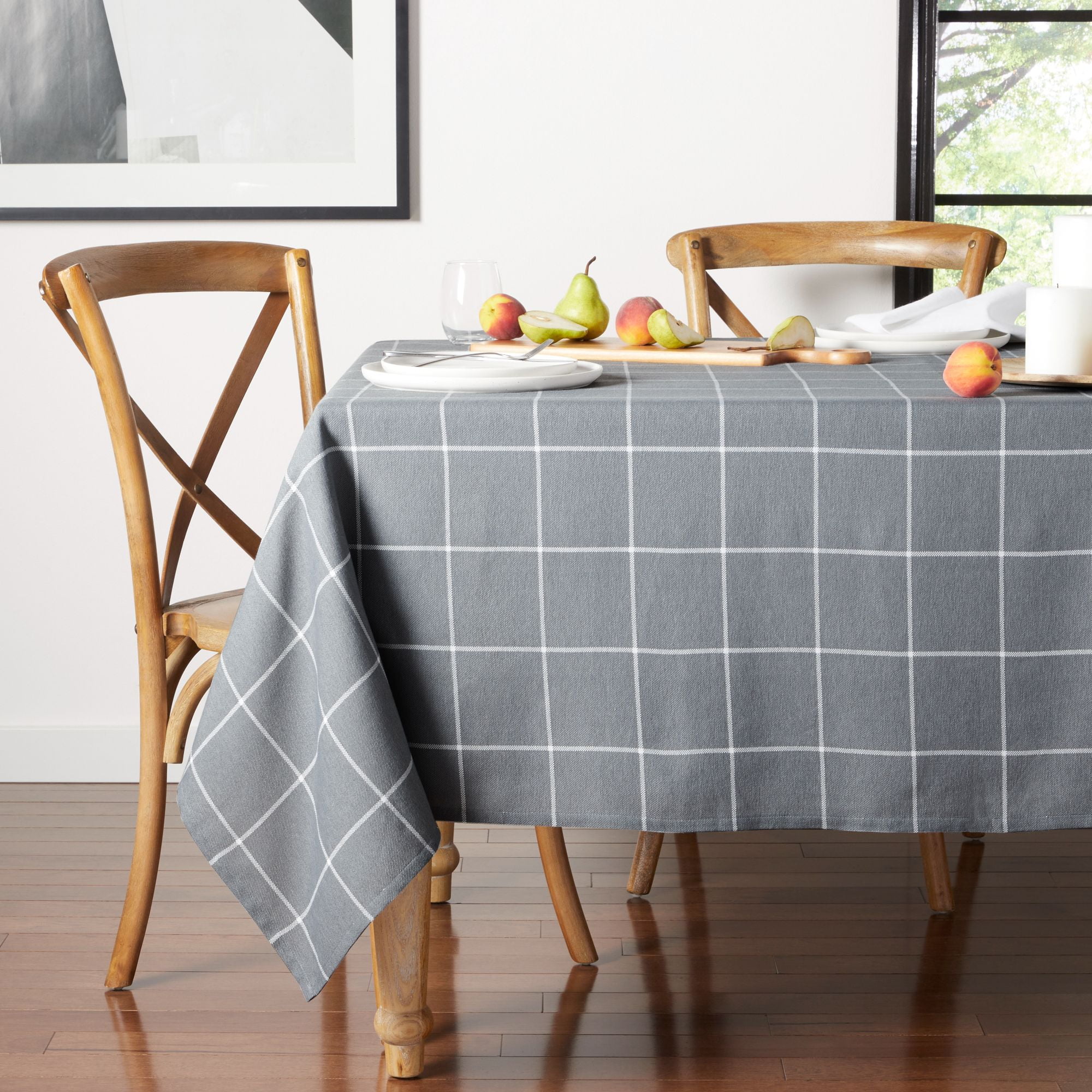 (2 pack) Mainstays Windowpane Fabric Tablecloth, Grey, 60"W x 102"L Rectangle