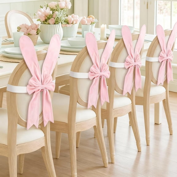 Rabbit Ears Chair Covers Set, Cute Pink Easter Bunny Chair Back Covers Removable Stretch Slipcovers for Home Easter Spring Dinning Table Birthday Restaurant Party Decor