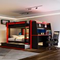 thumbnail image 3 of Harper & Bright Designs Full Size Gaming Bunk Bed with Desk and Trundle, Space-Saving Wooden Gamer Bunk Bedframe with Storage Bookshelves and LED Light for Bedroom, Black+Red, 3 of 11
