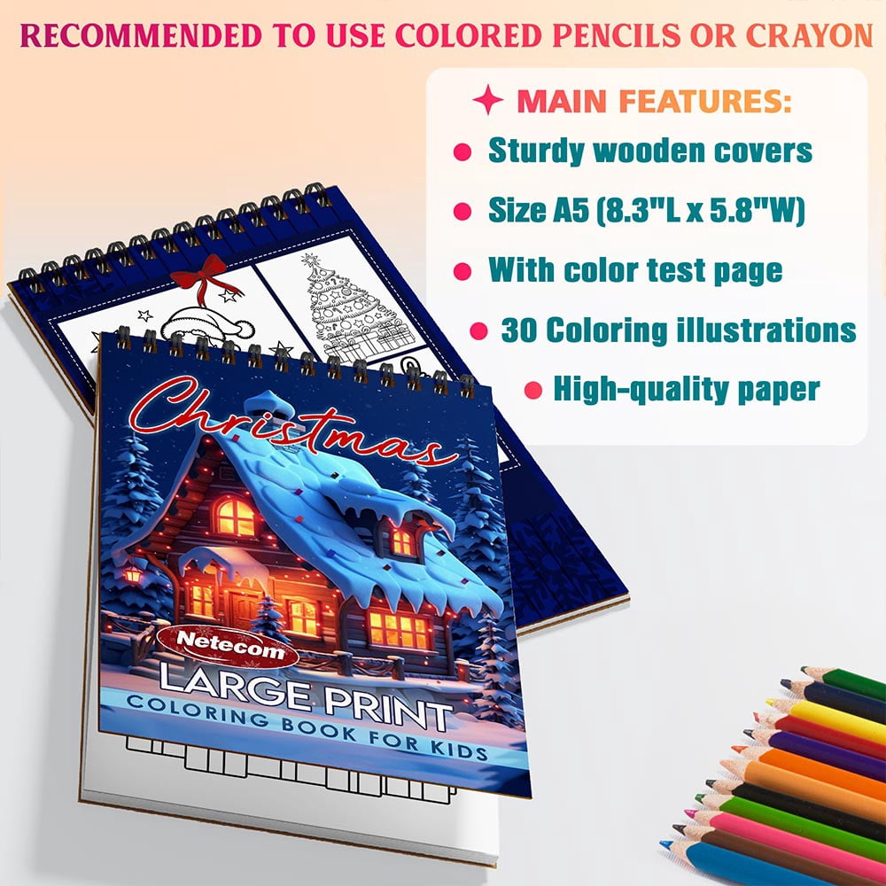 Netecom Large Print Christmas Coloring Book Spiral Bound for Adults, A5 Wooden Cover, 30 Stunning Coloring Pages of Cute Decorating the Christmas Tree for Stress Relief and Relaxation