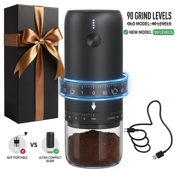 PIEWOFY Electric Burr Coffee Grinder Gift Box Set, 90 Precise Adjustable Settings, Portable Automatic Mill with Glass Jar, Perfect Present for Home, Travel, Office, and Coffee Shops
