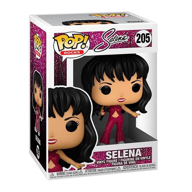 figura funko selena,quintanilla,4,pulgadas Pop! Rocks 205 en caja con ventana; figura coleccionable de vinil color morado con conjunto brillante de dos piezas y micrófono en mano, cabello negro con fleco y rasgos estilizados, embalaje muestra logo Pop! y nombre Selena. También suele usarse como pieza de exhibición en vitrinas de coleccionistas.