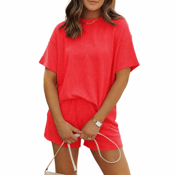 Carlikeit Casual Summer Matching Set for Women, Ribbed Short Sleeve Top and Shorts Outfit with Pockets, Loose Fit Cruise and Vacation Lounge Set