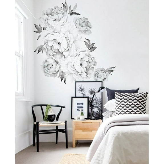 Peony Flowers Vinyl Wall Sticker - Black and White