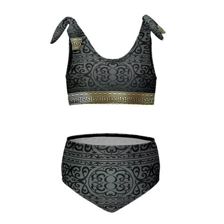 Greek Key Ornate Black & Gold Girl s 2 Piece Bikini Set Beach Sport Swimsuit Swimwear 7-9Y120cm