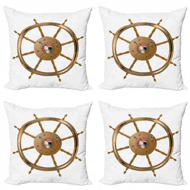 Ships Wheel Throw Pillow Cushion Case Pack Of 4 Wooden Steering Wheel Image Of Pirate Skull Seaman Lifestyle Ocean Inspired Modern Accent Double Sided Print 4 Sizes Brown Black By Ambesonne Walmart Com