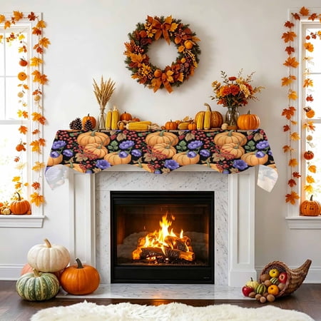 Thanksgiving Fireplace Mantel Scarf Autumn Vintage Pumpkins Purple Flowers Mantel Scarf Scarves Fireplace Top Runner Cover for Holiday Party Home Decorations 60x17in