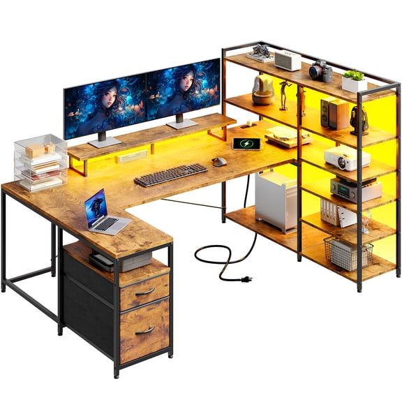 melmine Reversible U-Shaped Desk with 6-Tier Storage Shelves & 2 Fabric Drawers, Home Office Desk with Power Outlet & LED Lights, Brown