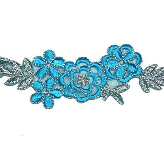 1.75" Embroidered Floral Turquoise with Silver Metallic by Yard