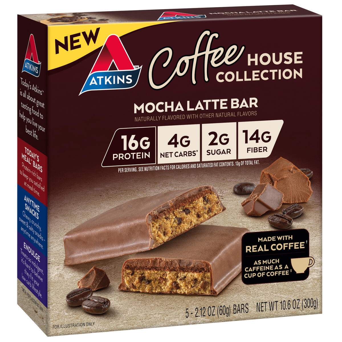 (3 pack) Atkins Coffee House Collection Protein Bar, Mocha Latte, High Protein, High Fiber, 5 Count