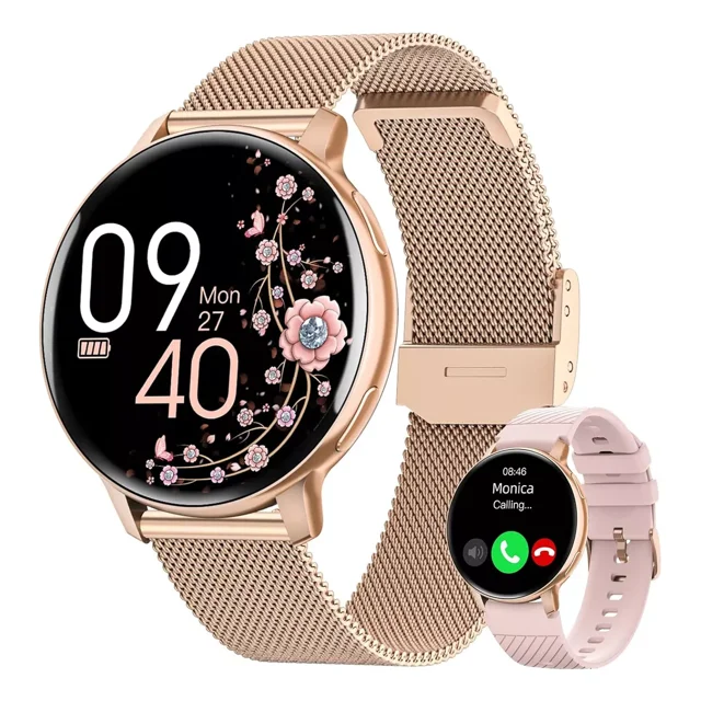 aimiuvei reloj inteligente mujer con llamada, 1,38" smartwatch mujer S55 seguimiento del periodo: vista frontal centrada de reloj redondo con esfera digital floral y hora, caja ABS de 45 mm en tono oro, correa tipo malla oro y correa adicional de silicón rosa en recorte mostrando llamada entrante; funciones listadas en título como pulsómetro, SpO2, monitor sueño y podómetro, compatible con Android e iOS, monitor de frecuencia cardiaca.
