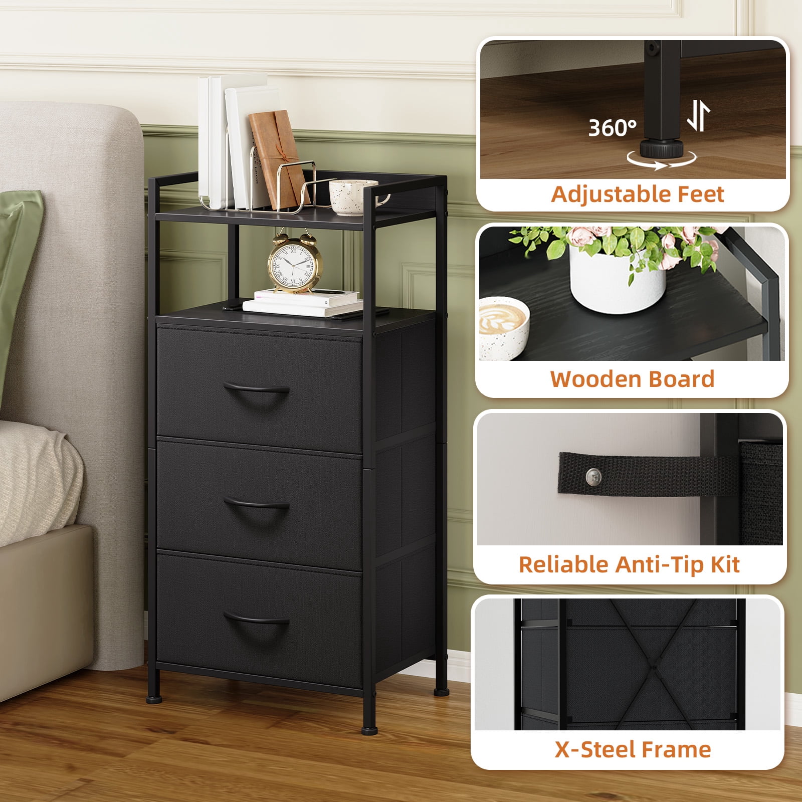 Eunos Black Tall Nightstand, 3 Vertical Fabric Drawer Dresser for Bedroom, Living Room, Hallway