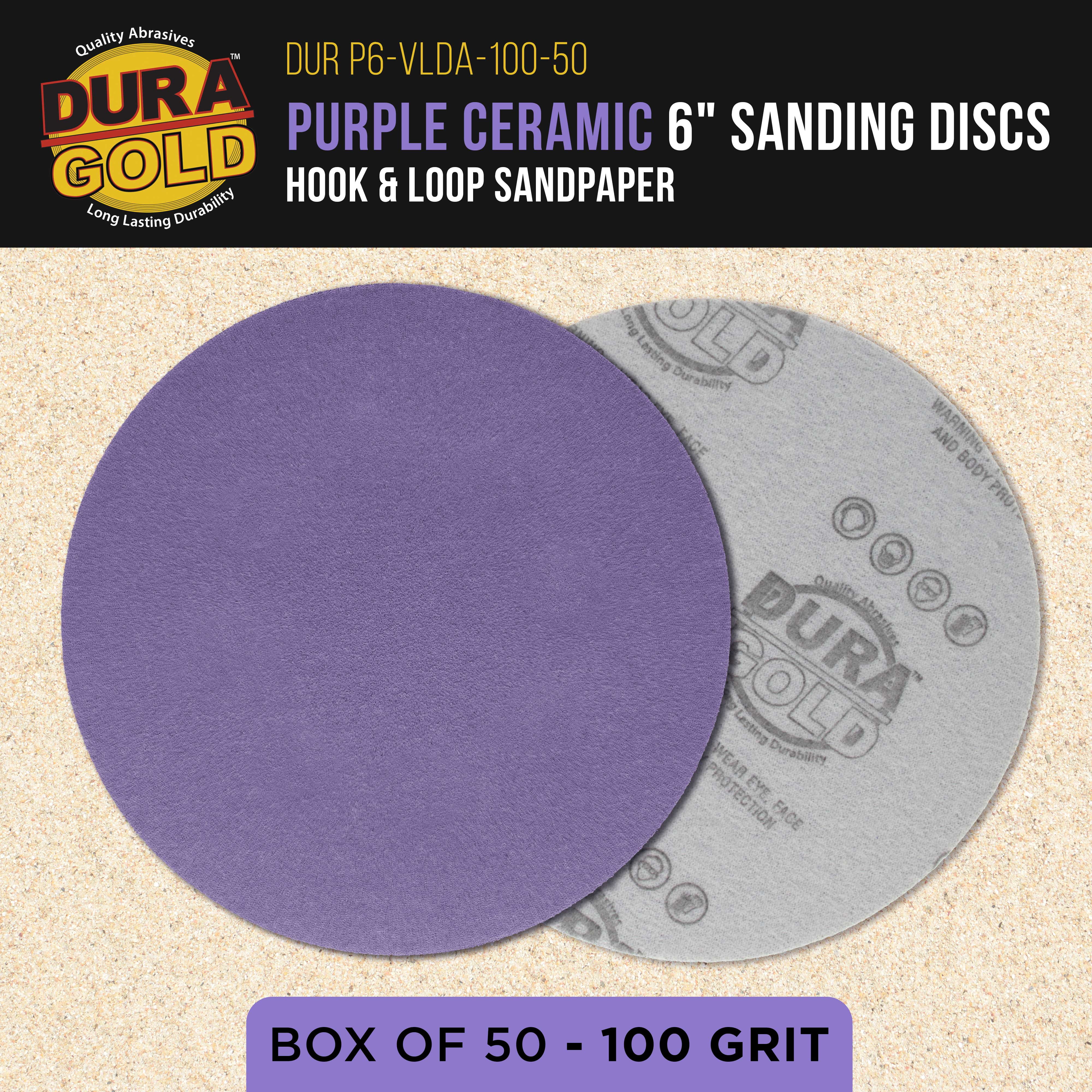 Dura-Gold Premium 100 Grit 6" Purple Film Ceramic Sanding Discs, Box of 50 - Hook & Loop Backing Sandpaper for DA & Random Orbital Sanders - Fast Sharp-Cut Abrasive, Sand Auto Paint, Woodworking
