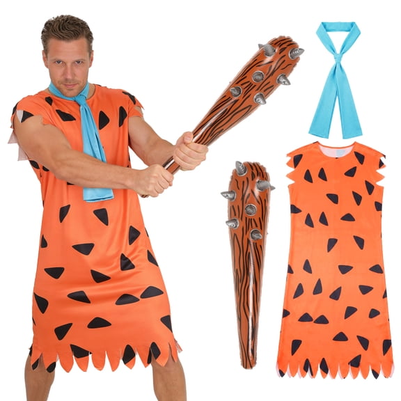 Bulex Caveman Costume for Men, Adult Orange Tunic Dress Outfits with Tie & Inflatable Stick for Halloween Cosplay Party Dress-Up
