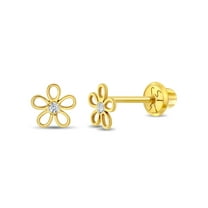 14k Gold CZ Flower Clear Toddler / Kids / Girls Earrings Safety Screw Back