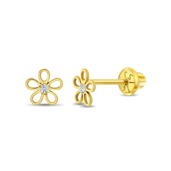 14k Gold CZ Flower Clear Toddler / Kids / Girls Earrings Safety Screw Back
