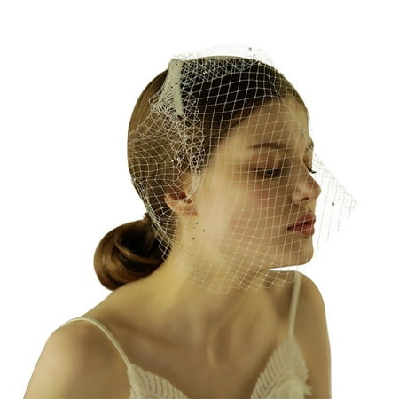 

Vintage Wedding Bridal Short Veil Covered Face Mesh Gauze with Shiny Pearls Cut Wedding Accessories (Ivory White)