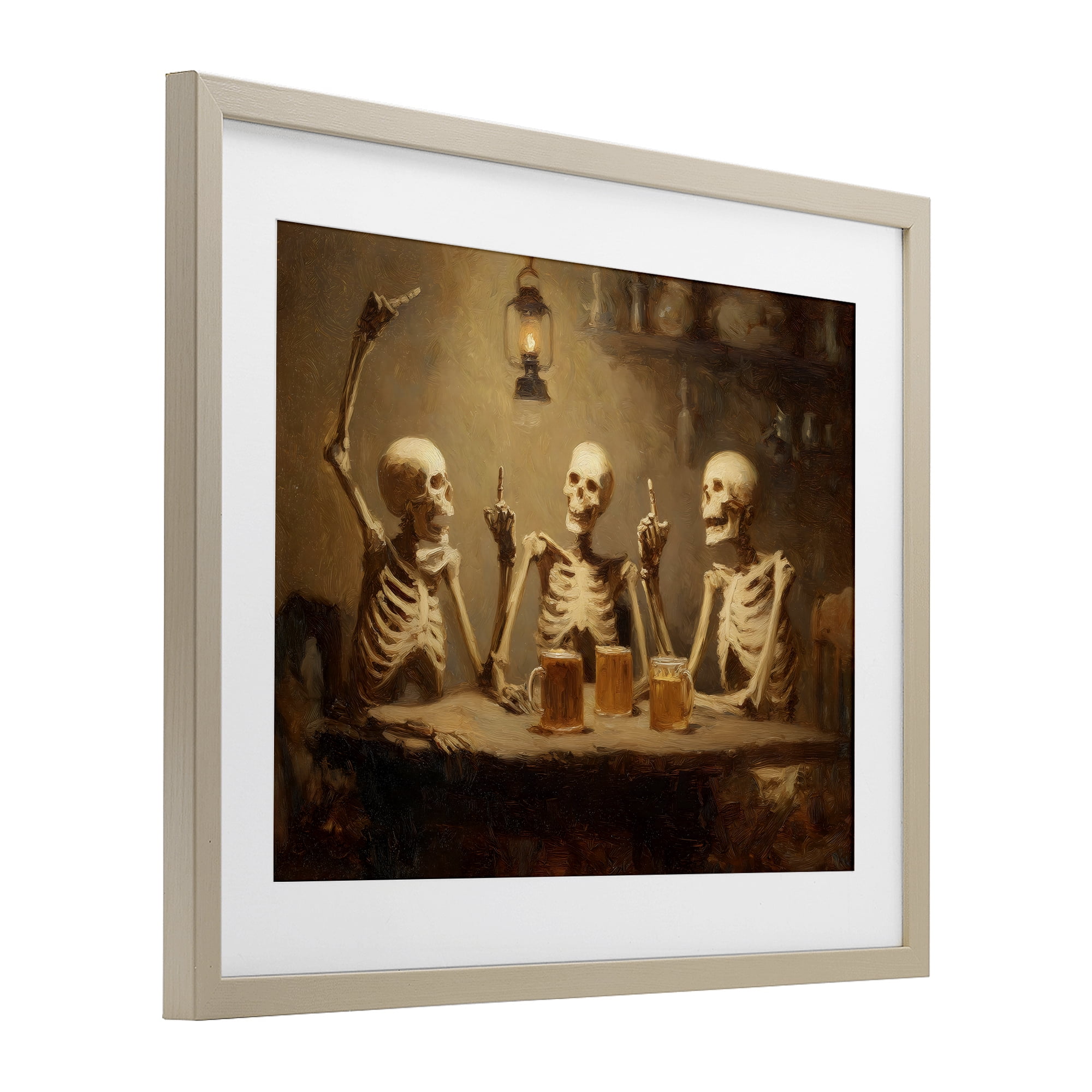 Skeletons Drinking at Tavern Birch Framed Print Under Glass, design by Arlington Prints
