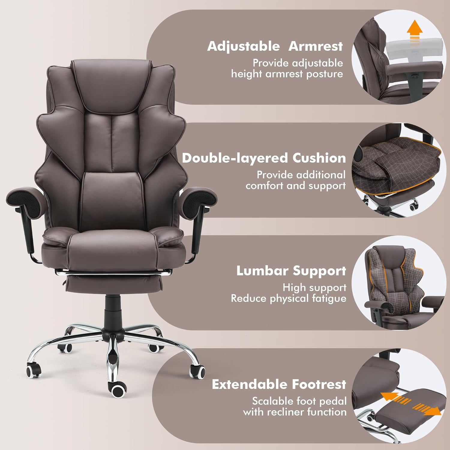 Homrest 6-Point Massage Executive Office Chair for Adults, Heated Ergonomic Home Desk Chair with Adjustable Footrest, Armrests & Backrest (Brown)