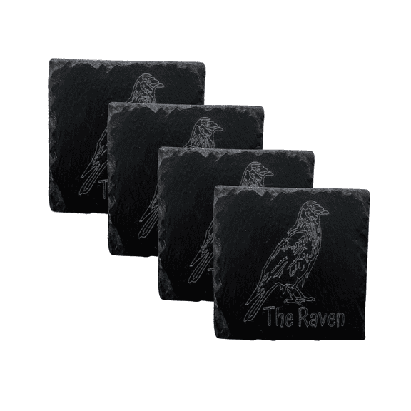 Natural Slate Coasters with Raven Design, 4x4 inches, Set of 4, Black