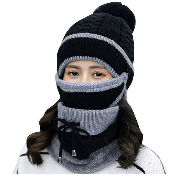 Fleece Lined Winter Hats for Women Knit Beanie Hat Scarf Mask Set Warm Soft Slouchy Windproof Skull Cap with Pom