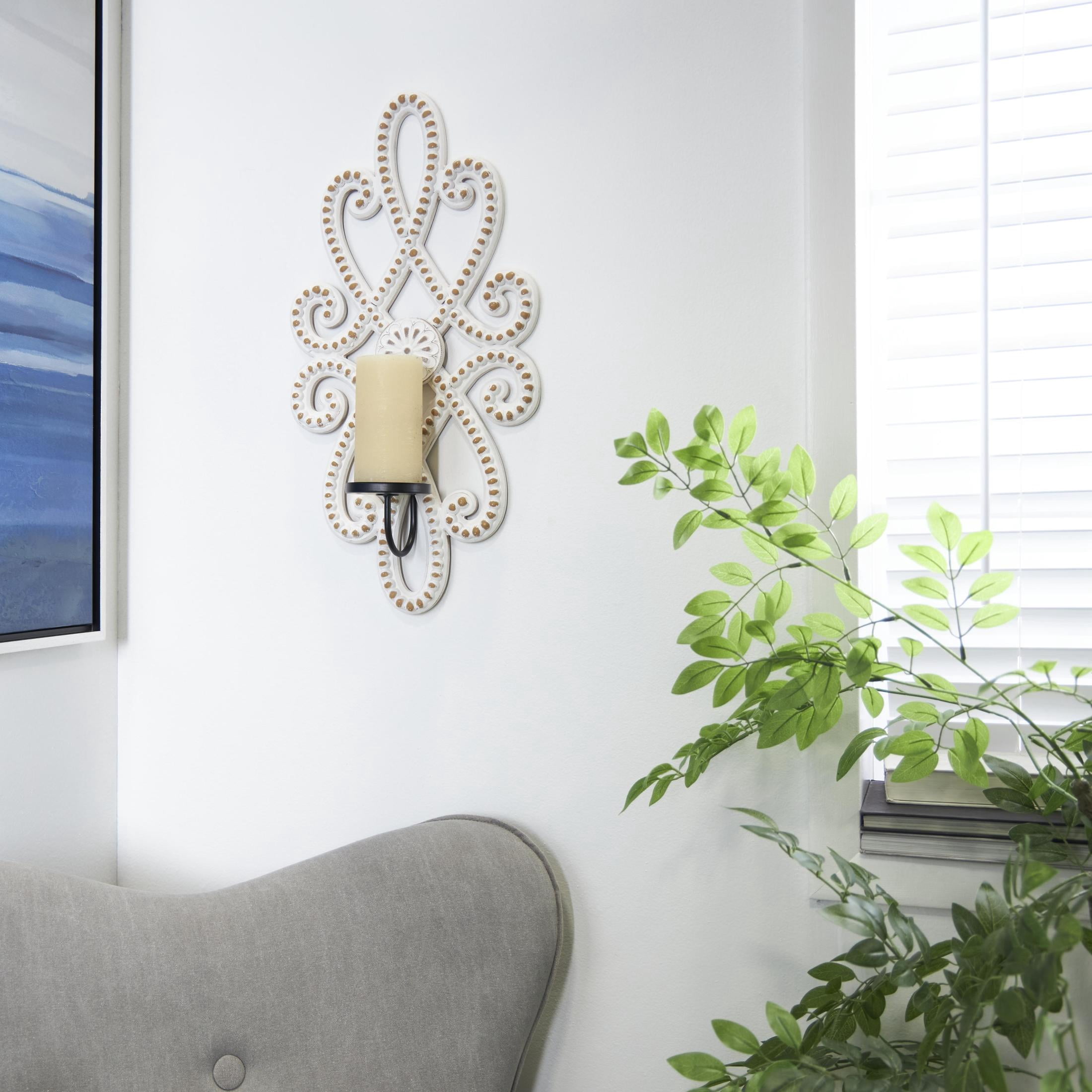 DecMode White Wood Scroll Pillar Wall Sconce