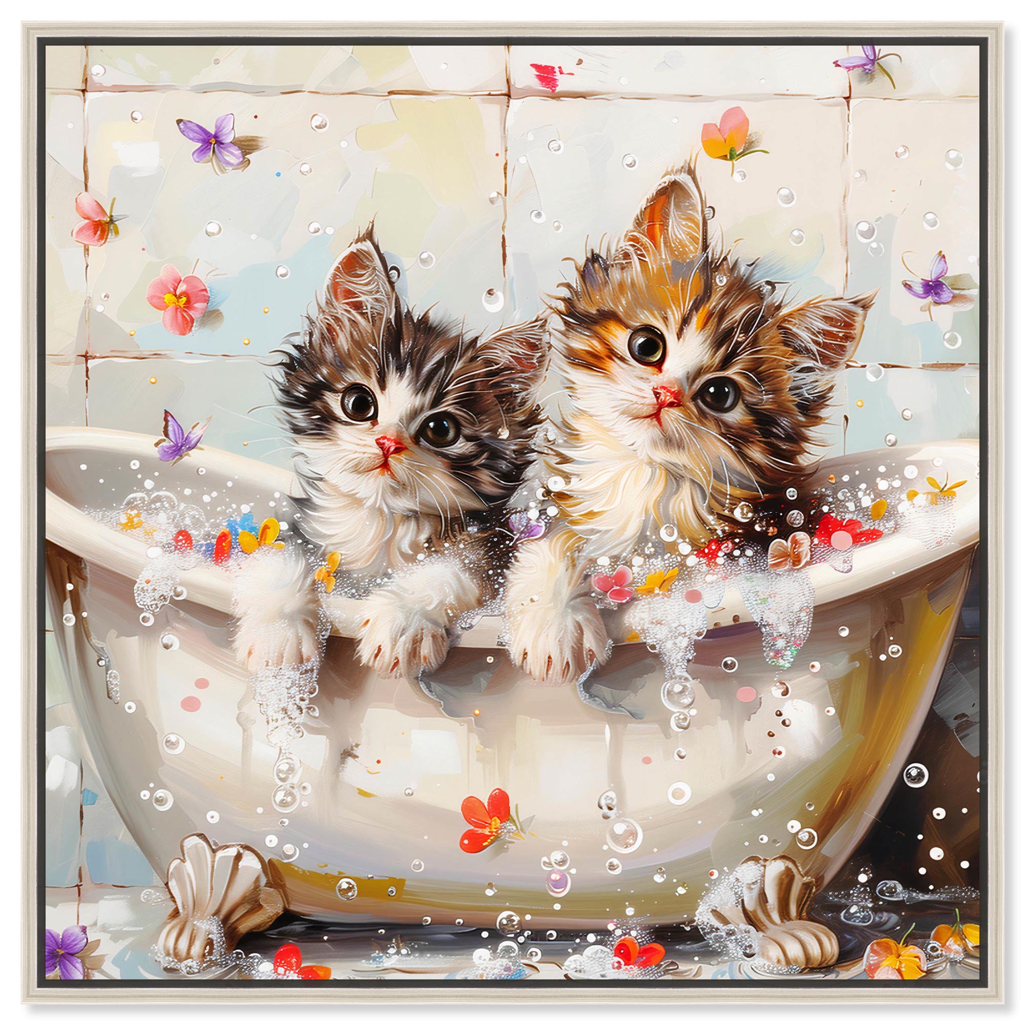 Colorful Flower Kitty Bath Canvas Kids Art Prints by Art Remedy Silver Frame 40 x 40