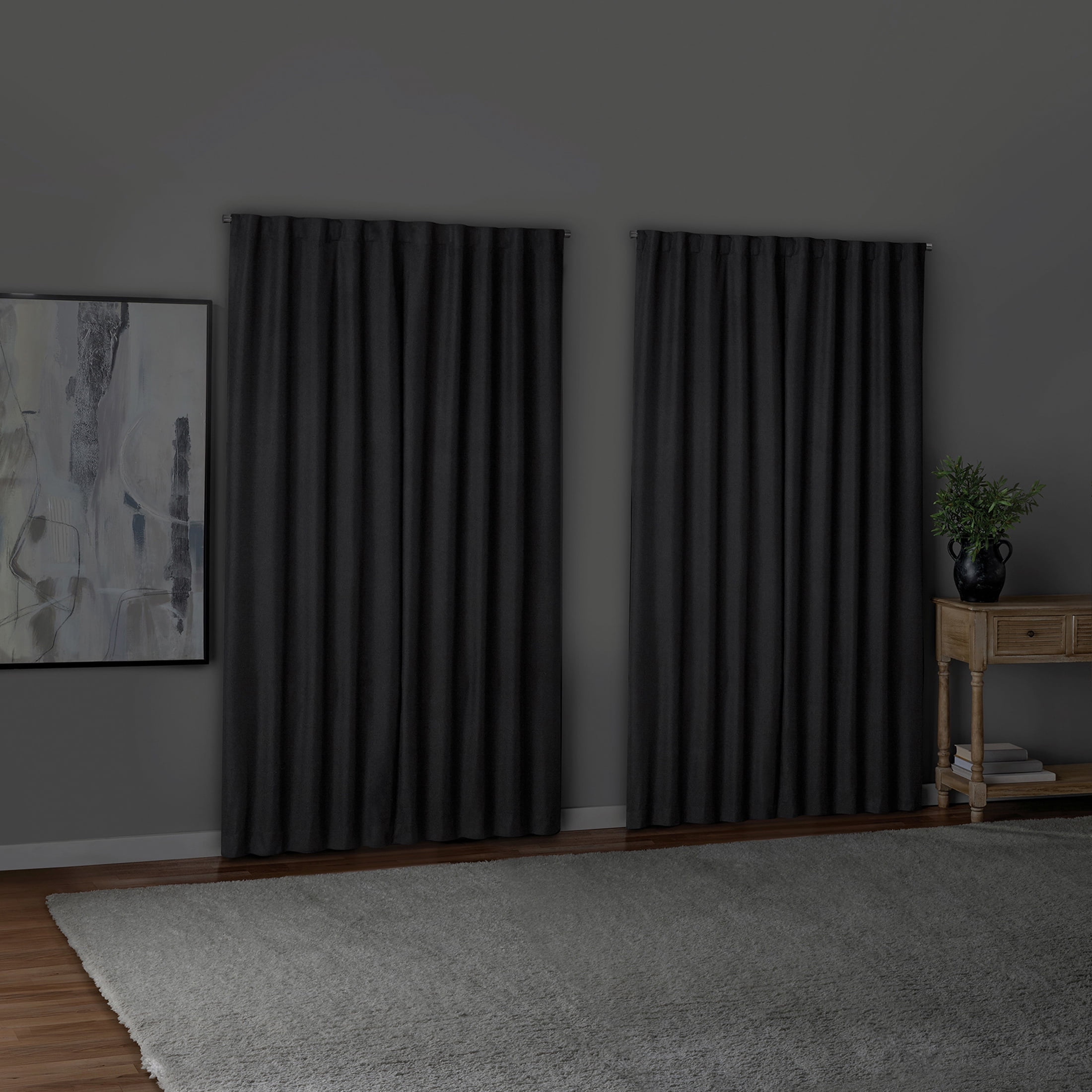 Mainstays Black Solid Blackout Rod Pocket with Back Tabs Curtain Panels 4PC Set, Set of 4, 30" W x 84" L