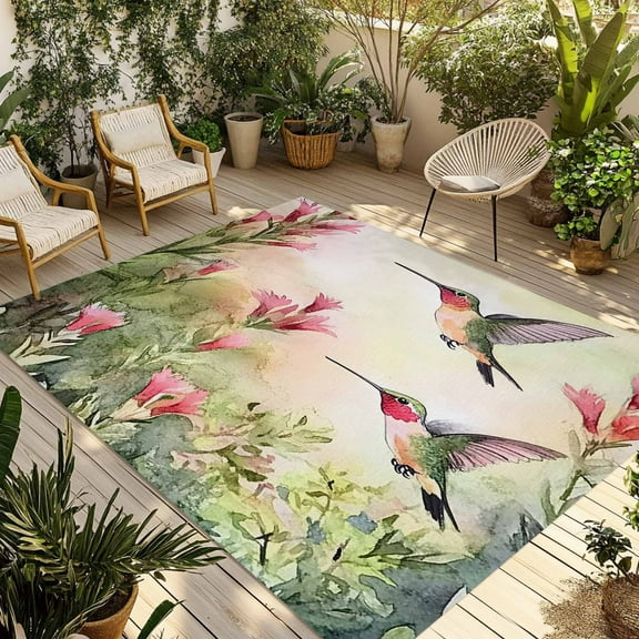 Fsddascl Hummingbird Red Floral Outdoor Rug for Patio/Deck/Porch, Non-Slip Large Area Rug 4 x 6 Ft, Rustic Botanical Green Ombre Indoor Outdoor Rugs Washable Area Rugs, Reversible Camping Rug Carpet