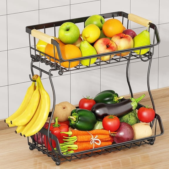 PCS 2 Tier Fruit Basket with 2 Banana Hangers, Detachable Countertop Fruit Bowls for Kitchen Counter, Metal Wire Fruit Vegetable Storage Holder Stand with Wooden Handles for Bread, Snacks, Veggies
