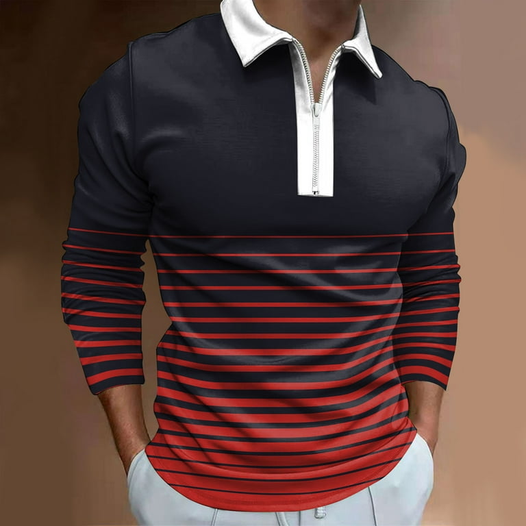 wendunide long sleeve shirts for men Men Fashion Loose Lapel Zipper 3D  Digital Printing Long Sleeve Top T Shirt Shirt Top Men's Polo Shirts Wine  Red