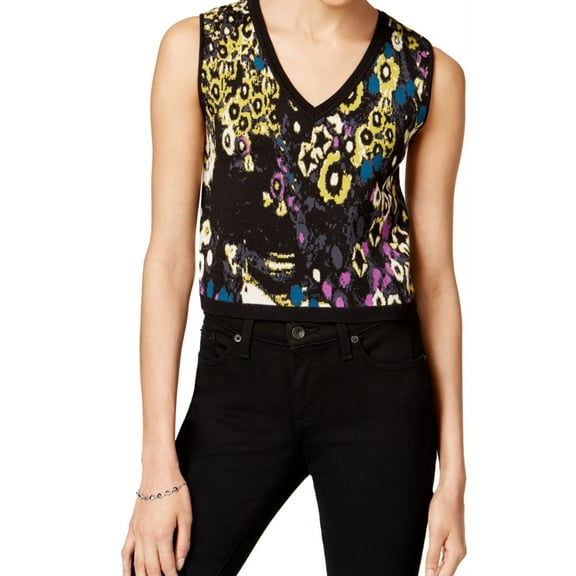 RACHEL ROY Womens Black Floral Sleeveless V Neck Crop Top Top Size: XS