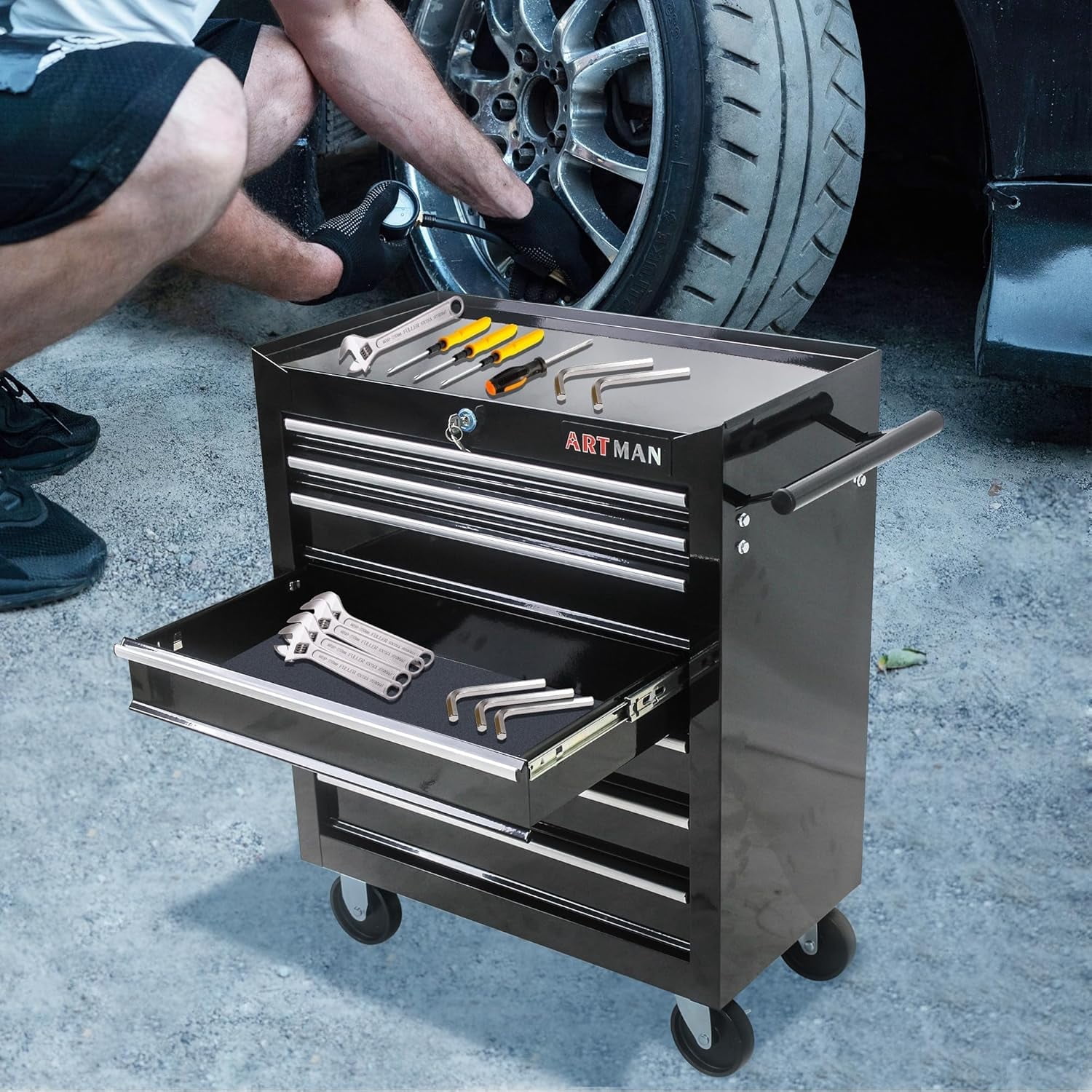 POWANLI 7-Drawer Rolling Tool Chest with Wheels Multifunctional Tool Chest Portable Tool Storage Cabinet with Locking System for Garage Workshop Warehouse Repair Shop