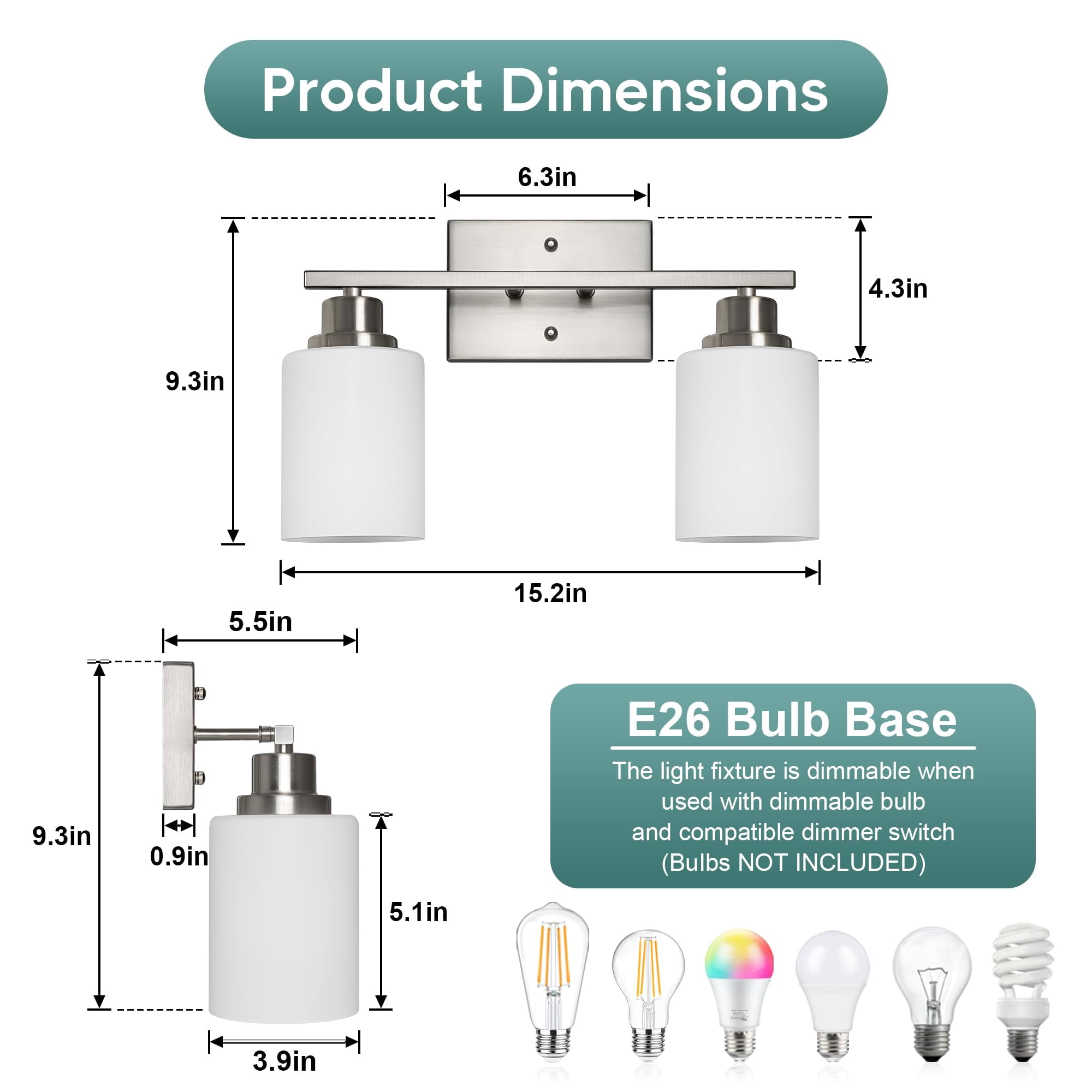 Bathroom Light Fixtures  2-light Vanity Over Mirror Brushed Nickel Wall Sconces With Milky White Frosted Glass Shades Lamp For Living Room Bedroom E26 Base(bulbs Not Included)