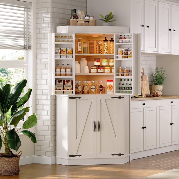 Vipuse Corner Cabinet,71'' Kitchen Pantry Storage Cabinet with 4 Doors and Shelves, Tall Food Pantry Storage Cabinet Farmhouse Furniture for Kitchen Dining Room, White