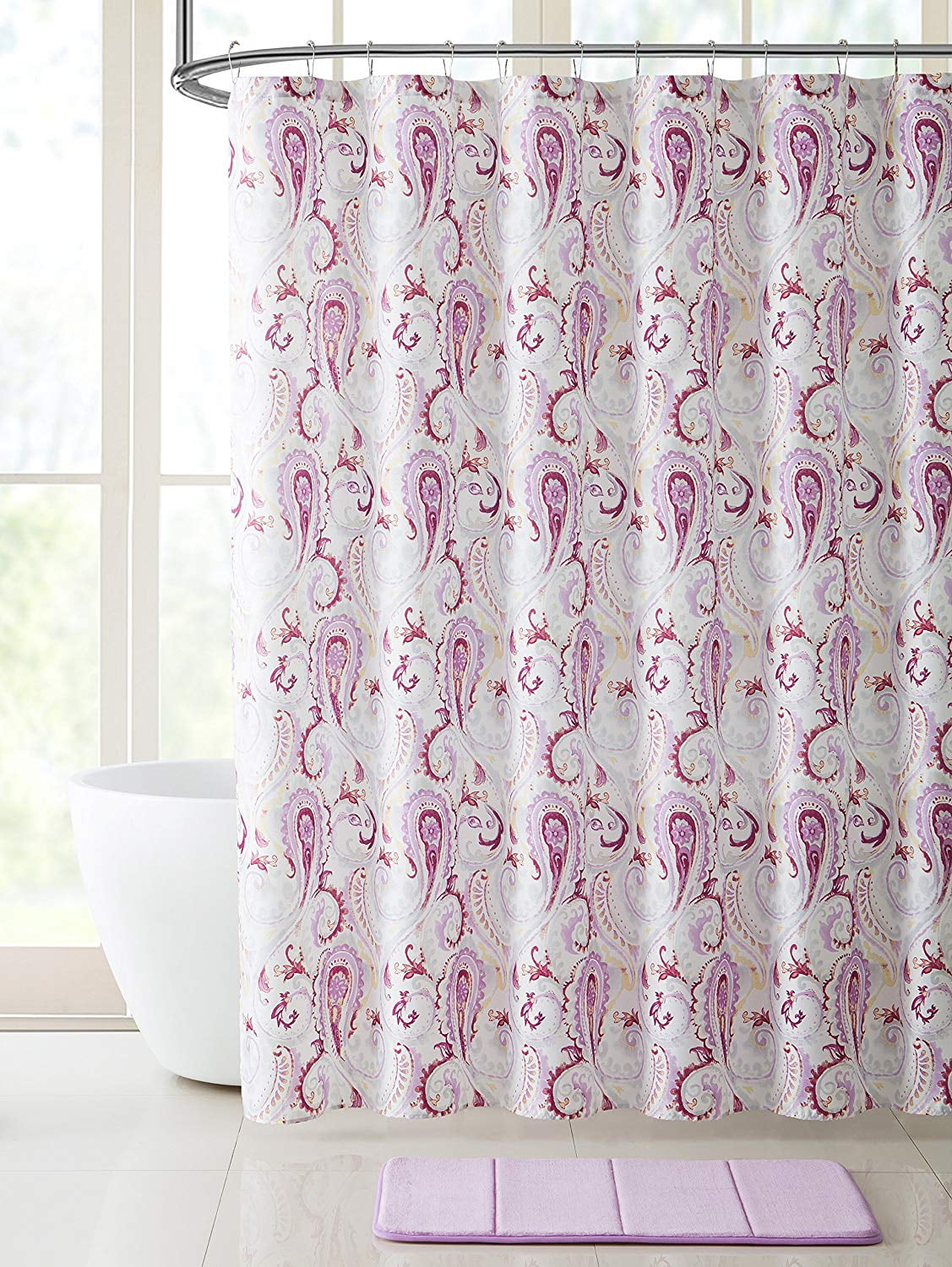 Toulouse Purple & Lilac Paisley Fabric Shower Curtain & Hooks Set