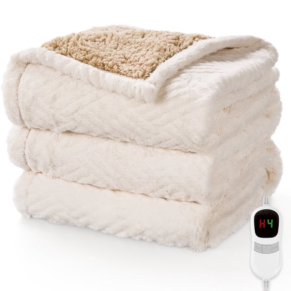 MARNUR Heated Blanket Full Size 72"x84", Jacquard Faux Fur & Sherpa Electric Blanket with 10 Heat Levels, 10H Timer, Machine Washable, White