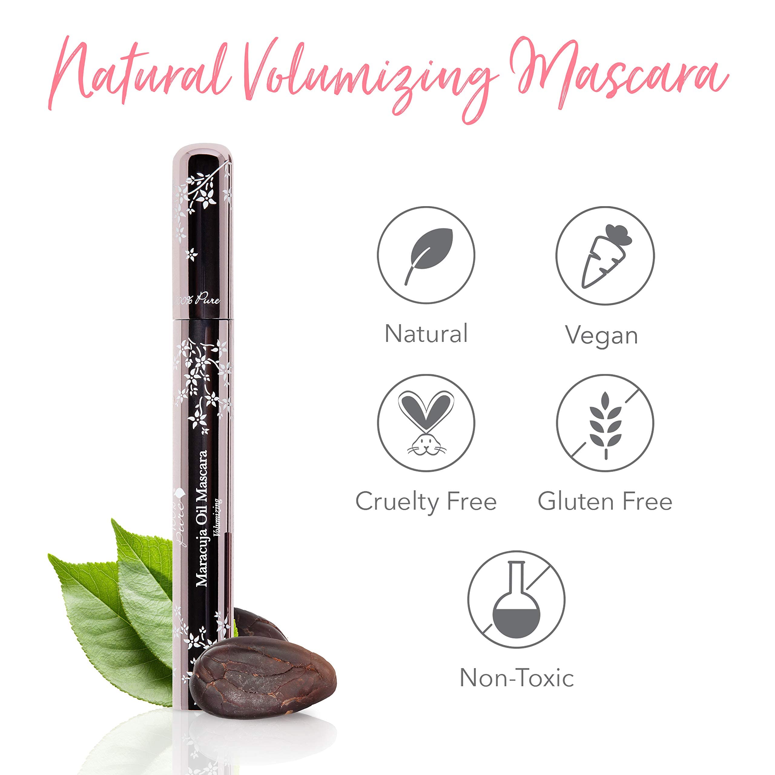 100% PURE Maracuja Oil Mascara Dramatic Intense Volume & Length Natural Fruit Pigmented Voluminous Eyelash Makeup No Clumping, Smudging or Flaking - Vegan, Dark Chocolate Color - 0.35 oz