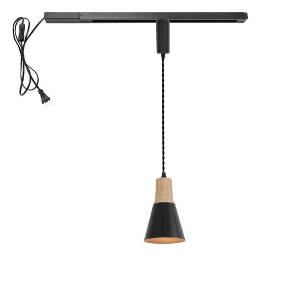 KAYYELAMP H-Type Track Lighting Set 1 Track Rail with Plug Outlet Cable, 1 Track Pendant 3.2 Ft Adjusted Cord Wood Black Metal Vintage Design for Kitchen Dining Table Loft(No Bulb)