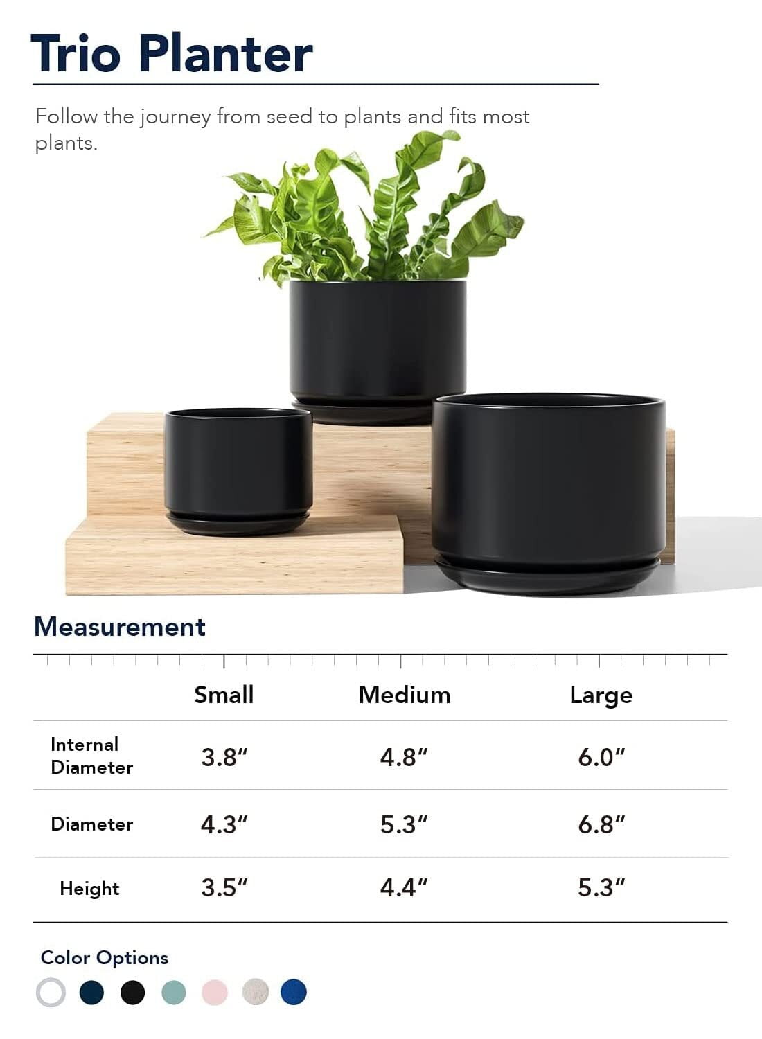 BEMAY Ceramic Plant Pots, 4"+5"+6.8" Flower Pots with Drainage Hole & Saucer, Pack of 3, Black