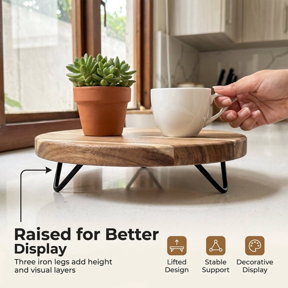 WILDMOS Decorative Round Wood Riser for Display,Pedestal Tray for Home or Kitchen and Bathroom Countertop Organizer,Farmhouse Kitchen Counter Decor Tray(10-inch)