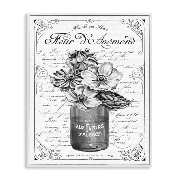 Stupell Industries Shabby Chic Anemone Flower French Text Fancy Floral Border White Framed Giclee Art, 11 x 14, by Lettered and Lined