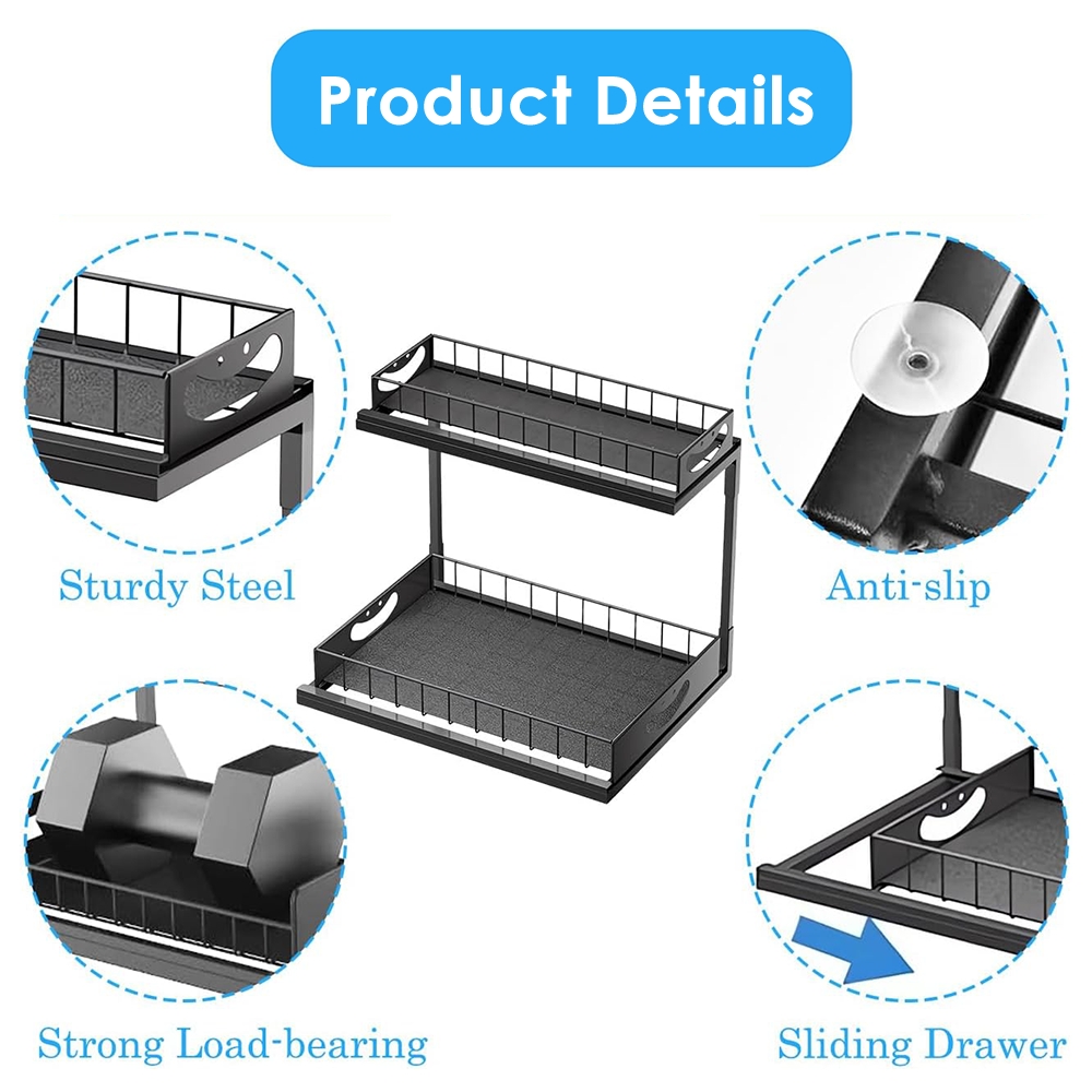 XMZHOU 2 Tiers Kitchen Pull Out Counter Sliding Drawer Shelf, Bathroom Under Sink Organizer, Sturdy And Solid Cabinet Storage For Kitchen Bathroom Home, Black