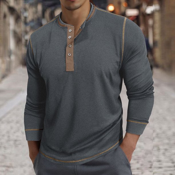 Blusas y camisas de manga larga con cuello redondo para hombre, estilo casual, a la moda, de color liso, transpirables, de manga larga y cuello redondo, blusa de poliéster para hombre