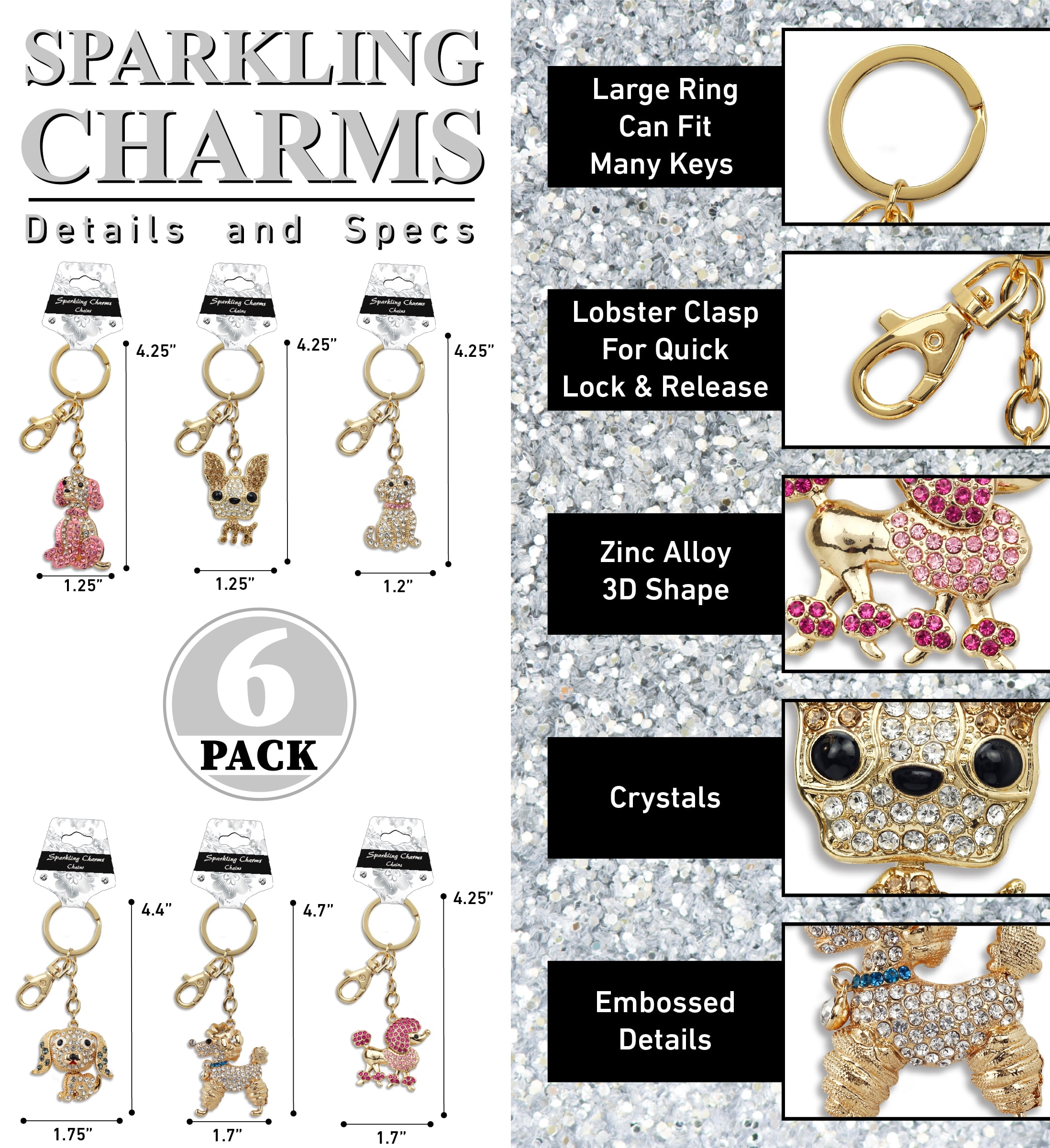Aqua79 Dogs Sparkling Golden Keychains Set of 6 – Beagle, Bulldog, Poodle, Chihuahua Charm Rhinestones, Gold Metal Key Ring – Keychain Accessories with Clasp for Bag, Purse, Handbag, Backpack